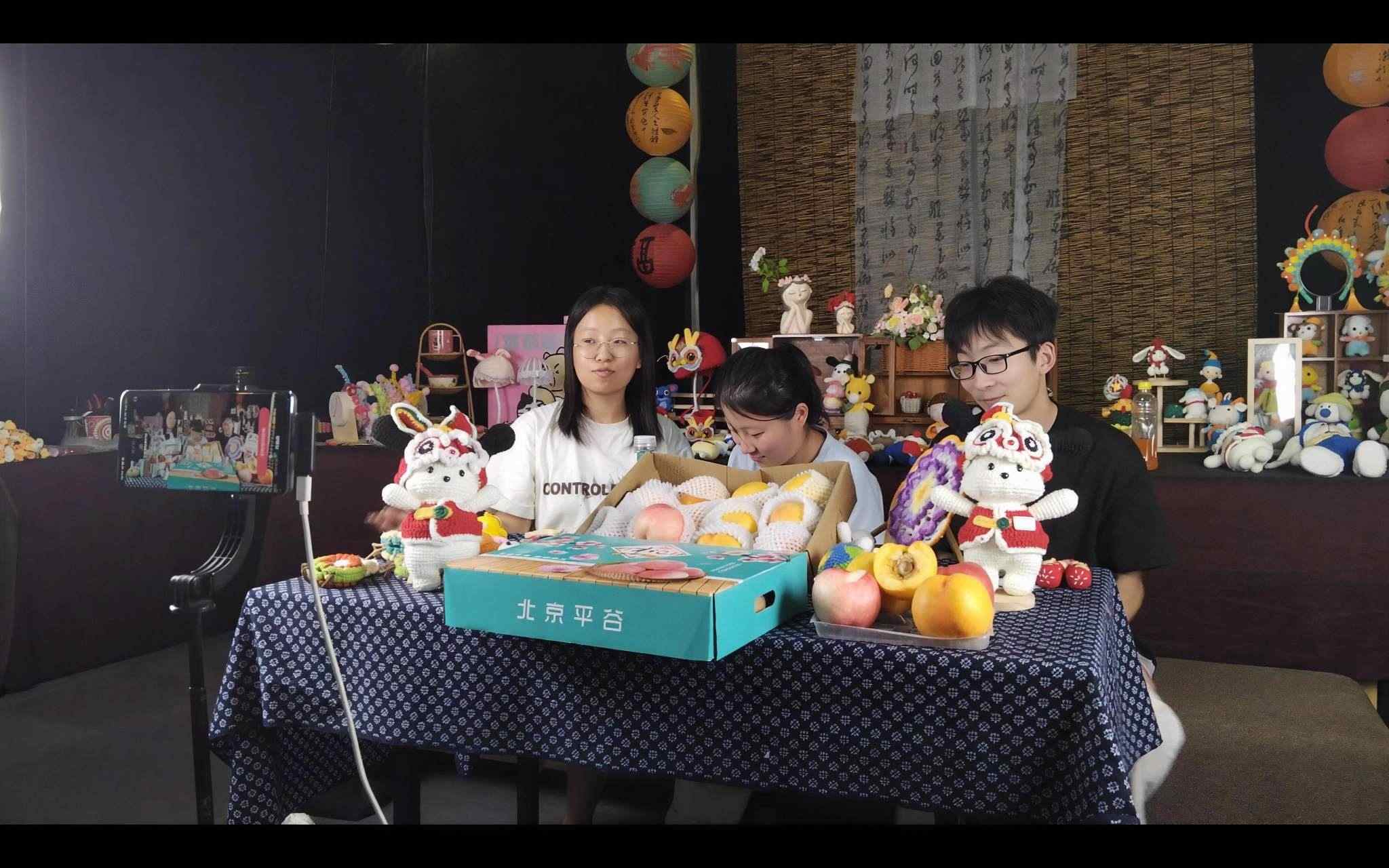 第二次直播现场，实践团成员在桃园中进行直播，背景是挂满果实的桃树